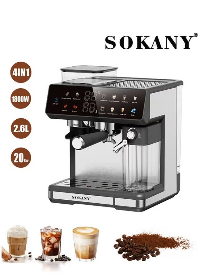 سوكاني ماكينة صنع قهوة إسبريسو أوتوماتيكية 4 في 1، 1800 واط/2.6 لتر كابتشينو/لاتيه/إسبريسو/طحن مع خافق حليب أوتوماتيكي، ضغط مضخة 20 بار، ماكينة صنع قهوة بشاشة تعمل باللمس للمنزل والمكتب، SK-04032 - Image 1