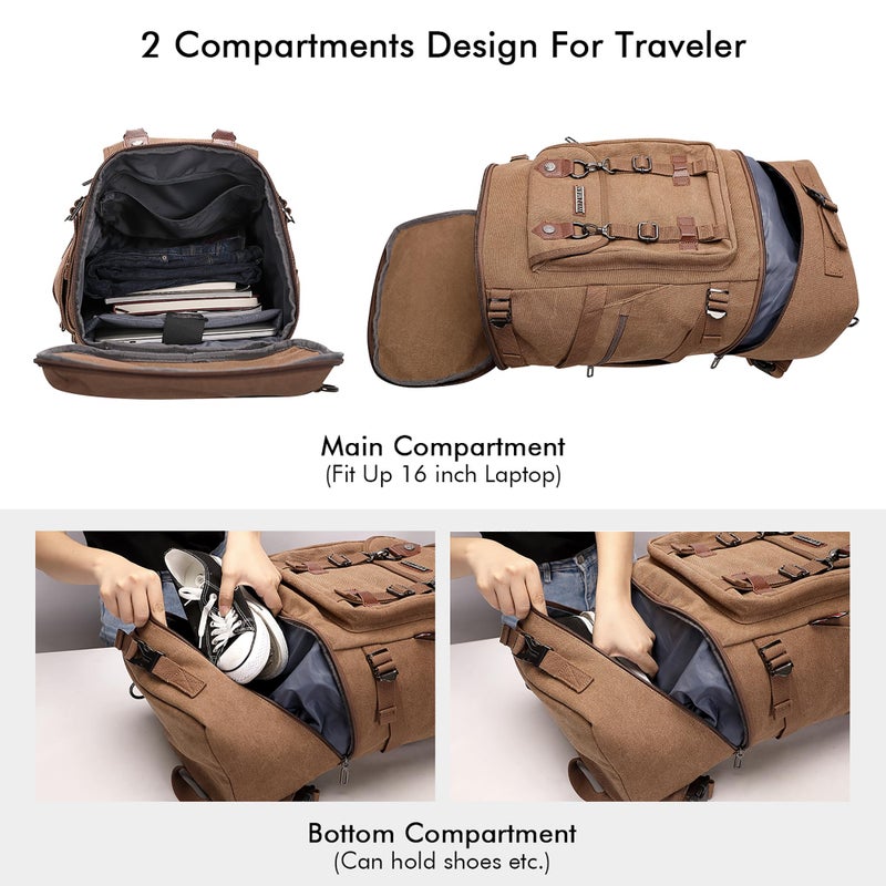 WITZMAN Travel Backpack for Men Women Canvas Backpack Carry on Luggage Rucksack Convertible Duffel Bag Large (A568 Brown) - Image 4