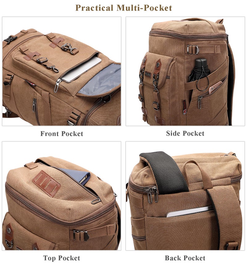 WITZMAN Travel Backpack for Men Women Canvas Backpack Carry on Luggage Rucksack Convertible Duffel Bag Large (A568 Brown) - Image 5