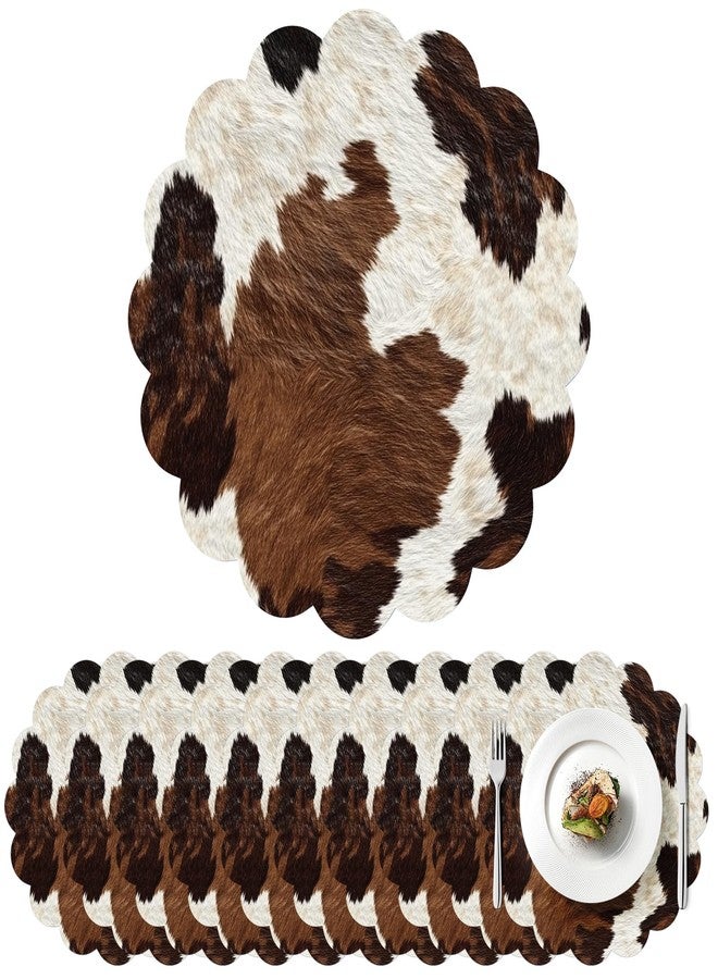 Stuffygreenus 100 Pcs Cow Paper Placemats 13.5 Inches Scalloped Western Placemats Disposable Brown and White Cowhide Place Mats for Western Cowboy Party Wedding Baby Shower Rustic Party Table Decor - Image 1