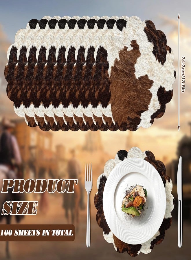 Stuffygreenus 100 Pcs Cow Paper Placemats 13.5 Inches Scalloped Western Placemats Disposable Brown and White Cowhide Place Mats for Western Cowboy Party Wedding Baby Shower Rustic Party Table Decor - Image 2