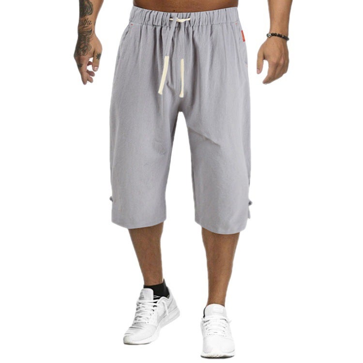 Summer Cotton-Linen Mens Casual Capris with Drawstring Grey  - Image 5