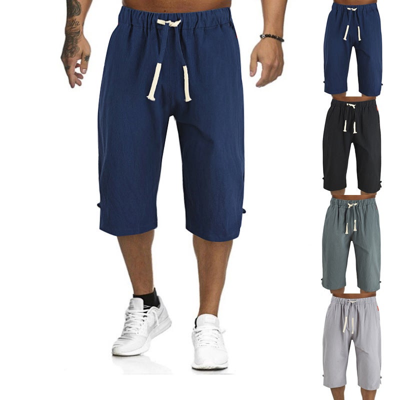 Summer Cotton-Linen Mens Casual Capris with Drawstring Grey  - Image 1