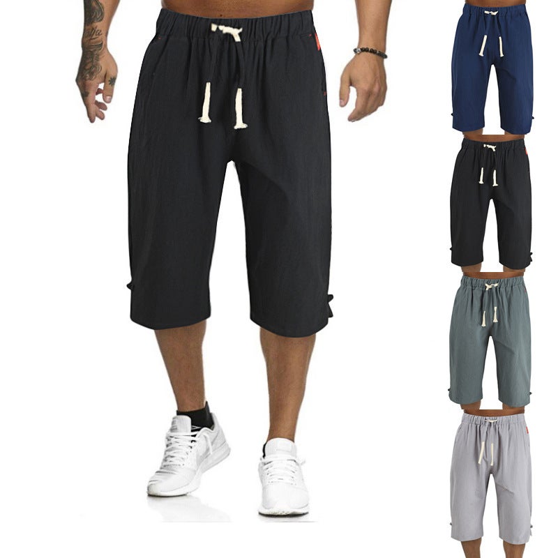 Summer Cotton-Linen Mens Casual Capris with Drawstring Grey  - Image 4