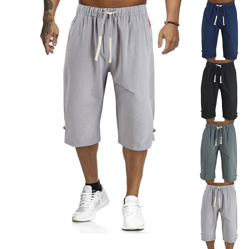 Summer Cotton-Linen Mens Casual Capris with Drawstring Grey  - Image 3