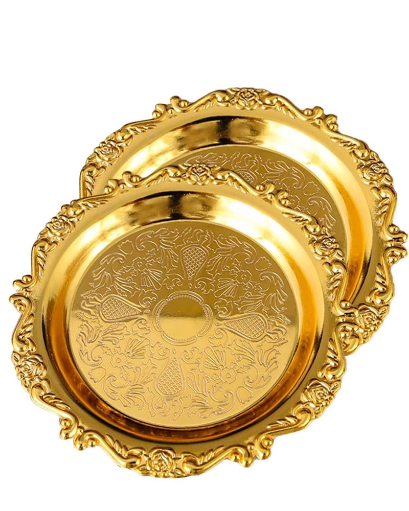 SEEK RARE 2PCS Coffee Table Tray 7.9in Round Decorative Tray Vintage Metal Dessert Plates for Snacks Fruit Gold - Image 1