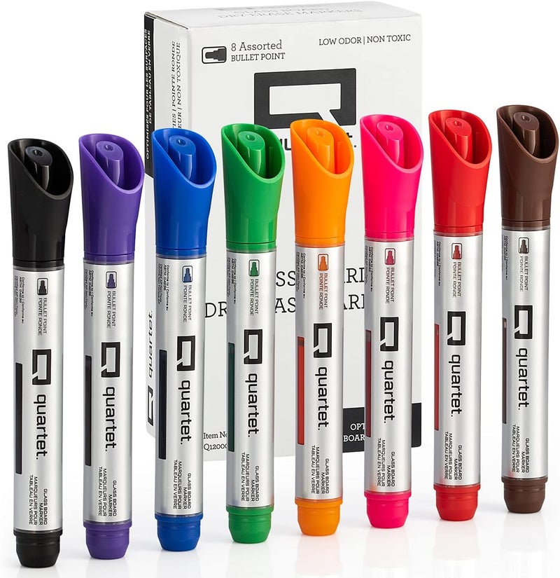 Dry Erase Markers, Glass Whiteboard Markers, Bullet Tip, White Board Dry Erase Pens, Assorted Colors, 8 Pack (Q120000GBA)