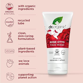 dr.organic غسول وجه دكتور أورجانيك روز أوتو للبشرة الناضجة للرجال والنساء طبيعي نباتي خالي من القسوة خالي من البارابين خالي من SLS 150 مل التعبئة قد تختلف - Image 3