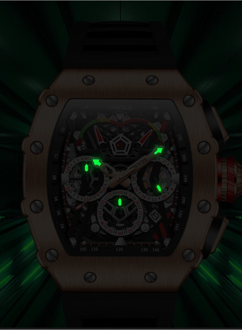 أونولا ساعة كوارتز رياضية أنيقة متعددة الوظائف للرجال، مقاومة للماء، بسوار سيليكون. - Image 3