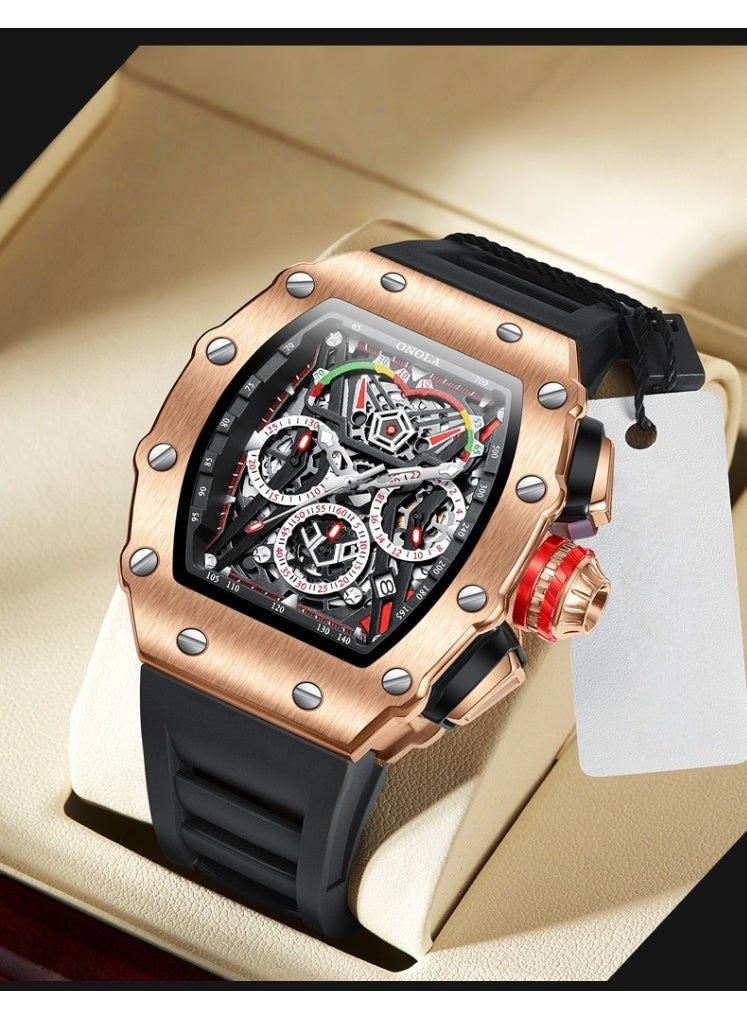 أونولا ساعة كوارتز رياضية أنيقة متعددة الوظائف للرجال، مقاومة للماء، بسوار سيليكون. - Image 2