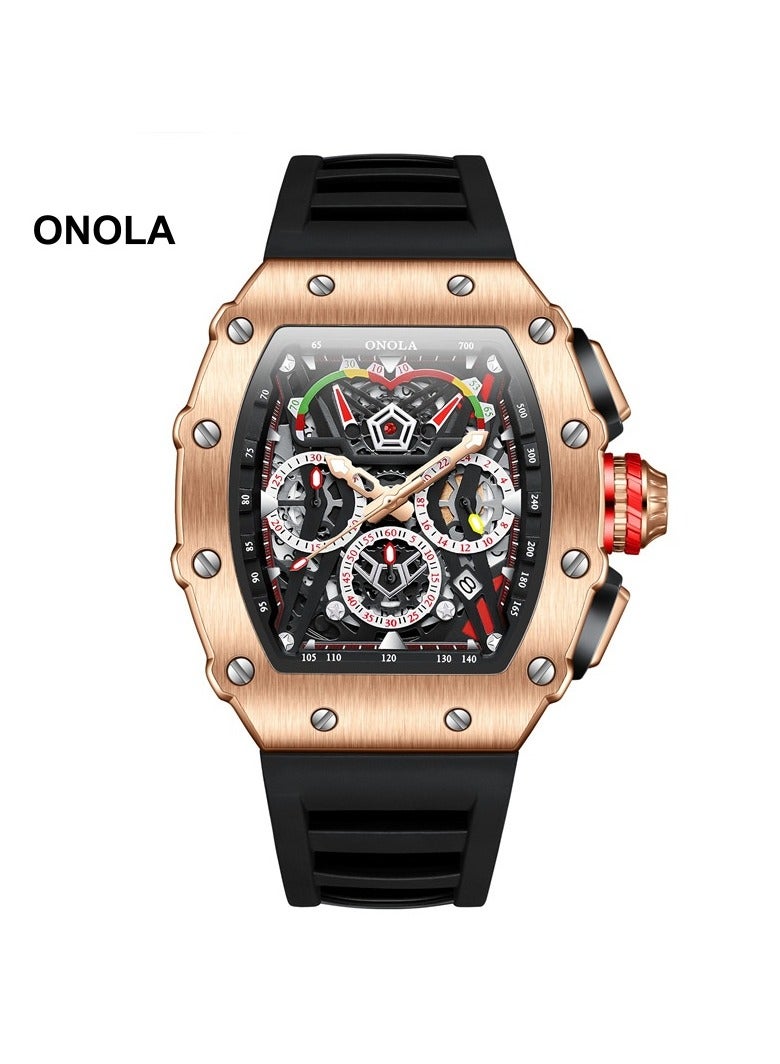 أونولا ساعة كوارتز رياضية أنيقة متعددة الوظائف للرجال، مقاومة للماء، بسوار سيليكون. - Image 1