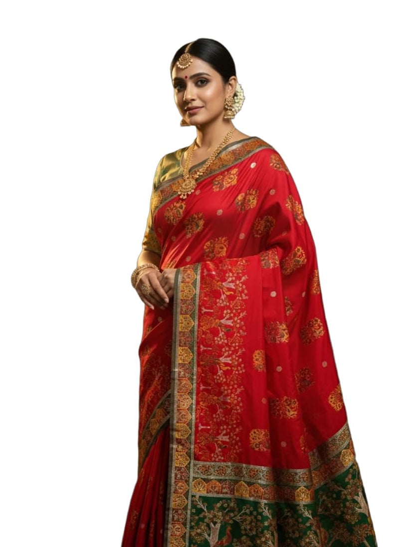 Glory Sarees Women's Pure Soft Kanjivaram Silk Saree Banarasi Style With Blouse Piece (Varnamala_Silk112_Red) - Image 1