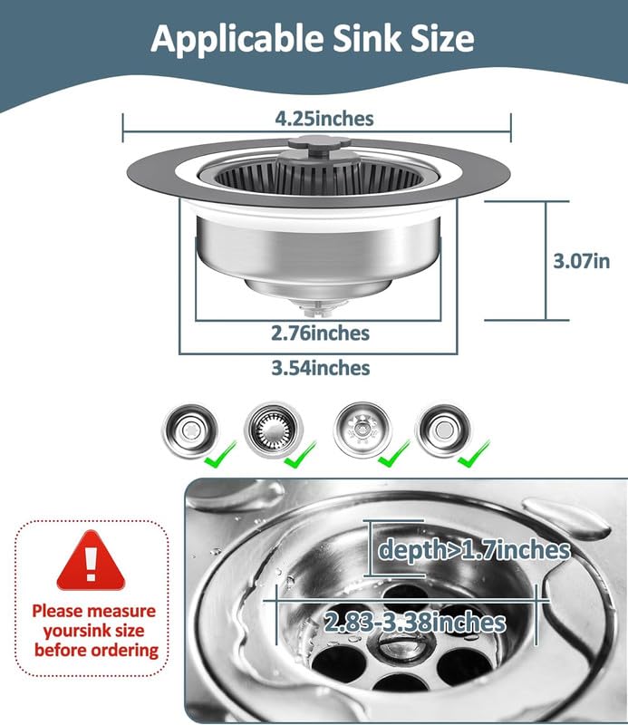 Orrda Stainless Steel Kitchen Sink Stopper | 3 in 1 Pop Up Sink Drain Strainer | Anti-Clogging Food Catcher Basket with Fast Drainage & Odor Filter Plug (1 Psc) - Image 2