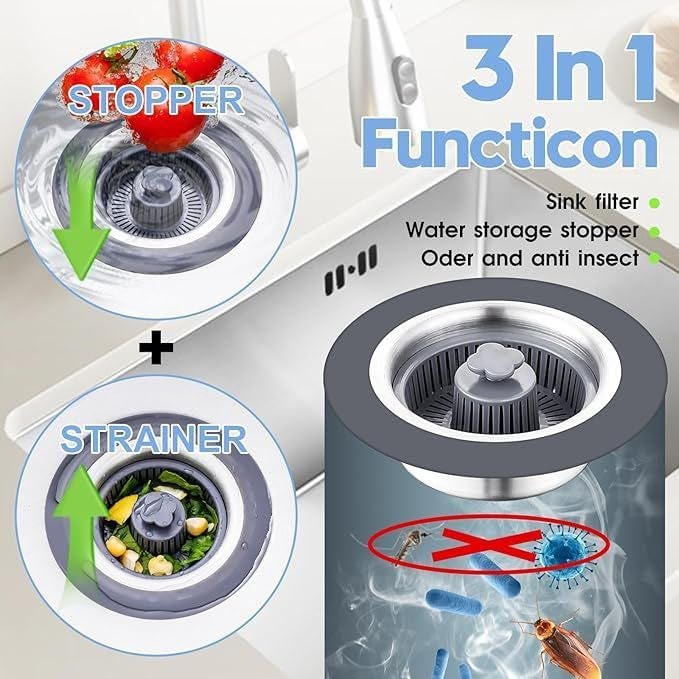 Orrda Stainless Steel Kitchen Sink Stopper | 3 in 1 Pop Up Sink Drain Strainer | Anti-Clogging Food Catcher Basket with Fast Drainage & Odor Filter Plug (1 Psc) - Image 3