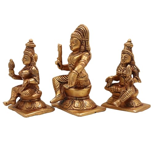 Bhunes Brass Lord Ayyappa Idol Dharma Sastha Statue with Poorna Pushkala Murti Vigraham Pooja Moorthi Home Decor Spiritual Gift Showpiece, Set of Three, Gold,10CM, - Image 4