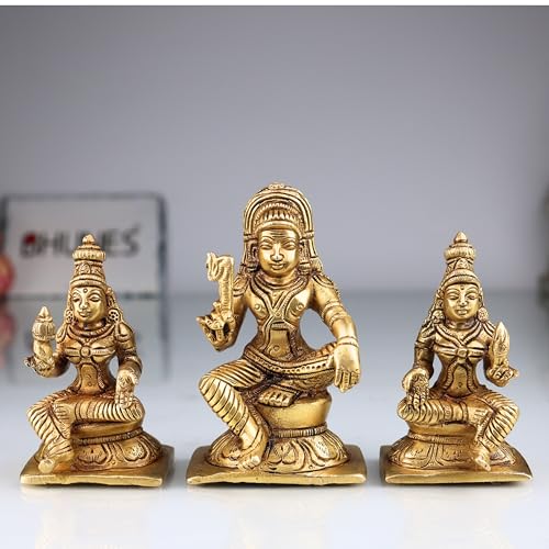 Bhunes Brass Lord Ayyappa Idol Dharma Sastha Statue with Poorna Pushkala Murti Vigraham Pooja Moorthi Home Decor Spiritual Gift Showpiece, Set of Three, Gold,10CM, - Image 1