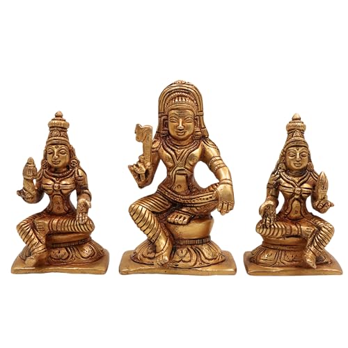 Bhunes Brass Lord Ayyappa Idol Dharma Sastha Statue with Poorna Pushkala Murti Vigraham Pooja Moorthi Home Decor Spiritual Gift Showpiece, Set of Three, Gold,10CM, - Image 2