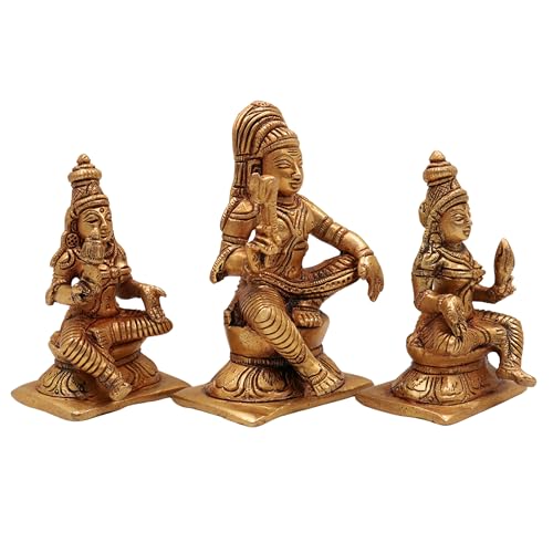Bhunes Brass Lord Ayyappa Idol Dharma Sastha Statue with Poorna Pushkala Murti Vigraham Pooja Moorthi Home Decor Spiritual Gift Showpiece, Set of Three, Gold,10CM, - Image 3