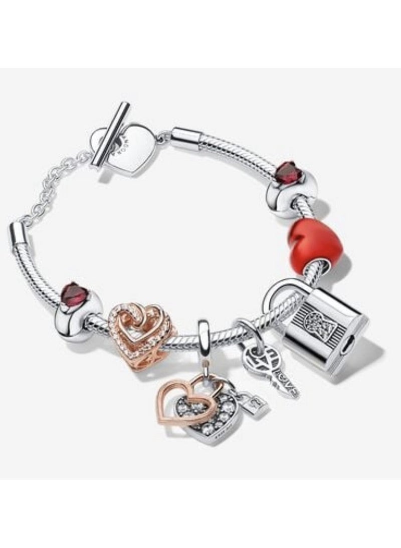 دورا سوار قفل القلب الفضي والذهبي الوردي والذهبي الوردي - Image 1