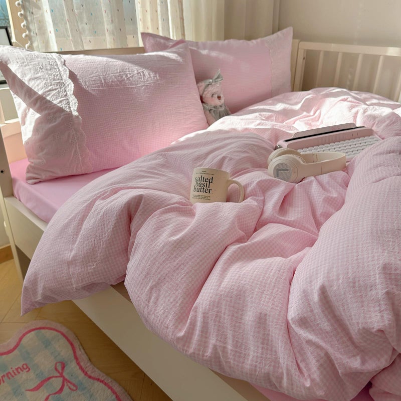 mixinni Pink Gingham Duvet Cover Full Size - 3 Piece Cottagecore Plaid Bedding Set with Lace Trim, Soft Washed Microfiber Vintage Aesthetic Grid Comforter Cover & Pillow Shams, (Pink White Gingham) - Image 1