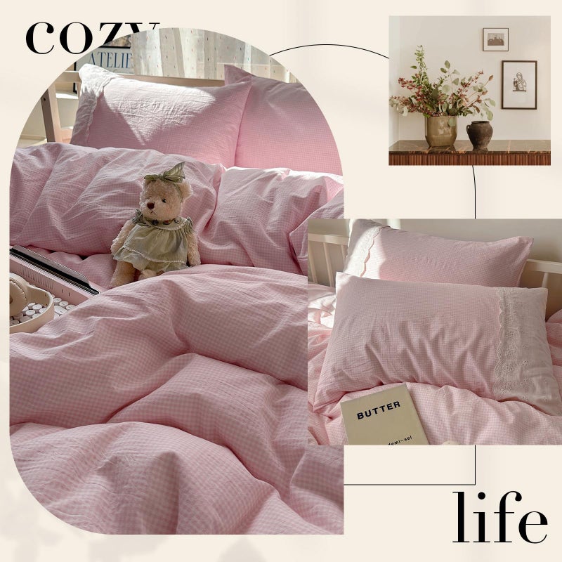 mixinni Pink Gingham Duvet Cover Full Size - 3 Piece Cottagecore Plaid Bedding Set with Lace Trim, Soft Washed Microfiber Vintage Aesthetic Grid Comforter Cover & Pillow Shams, (Pink White Gingham) - Image 5