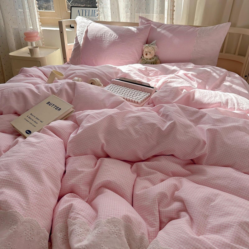 mixinni Pink Gingham Duvet Cover Full Size - 3 Piece Cottagecore Plaid Bedding Set with Lace Trim, Soft Washed Microfiber Vintage Aesthetic Grid Comforter Cover & Pillow Shams, (Pink White Gingham) - Image 2