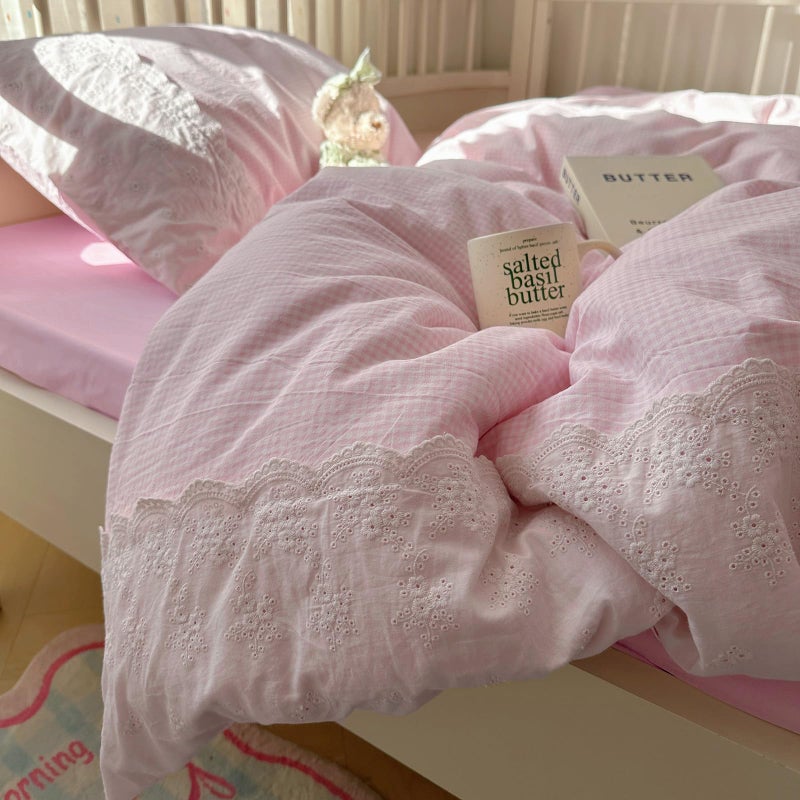 mixinni Pink Gingham Duvet Cover Full Size - 3 Piece Cottagecore Plaid Bedding Set with Lace Trim, Soft Washed Microfiber Vintage Aesthetic Grid Comforter Cover & Pillow Shams, (Pink White Gingham) - Image 3