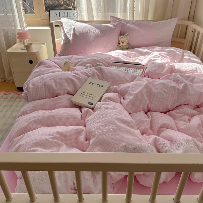mixinni Pink Gingham Duvet Cover Full Size - 3 Piece Cottagecore Plaid Bedding Set with Lace Trim, Soft Washed Microfiber Vintage Aesthetic Grid Comforter Cover & Pillow Shams, (Pink White Gingham) - Image 4