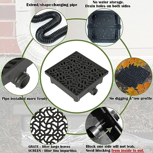 NAACOO Gutter Downspout Extensions, NAACOO Upgraded 12x12in Catch Basin Low Profile Downspout Extender | No Deep Dig French Drain, Flexible Pipe Extension to 8.2ft, Protect House Foundation. - Image 3