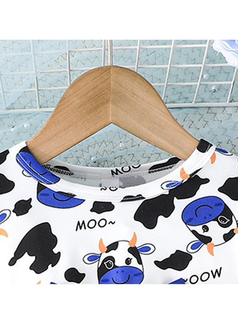 Baby Girl Birthday Party Dress, 2-3 Years, Cartoon Cow Print Top with Blue Tulle Skirt and Big Bow, Special Occasion and Casual Toddler Outfit, Cute Long Sleeve Dress for 90cm Height - Image 2