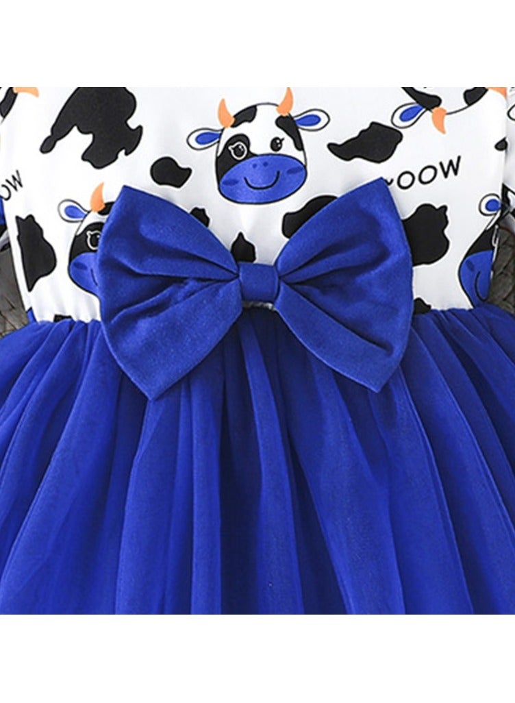 Baby Girl Birthday Party Dress, 2-3 Years, Cartoon Cow Print Top with Blue Tulle Skirt and Big Bow, Special Occasion and Casual Toddler Outfit, Cute Long Sleeve Dress for 90cm Height - Image 3