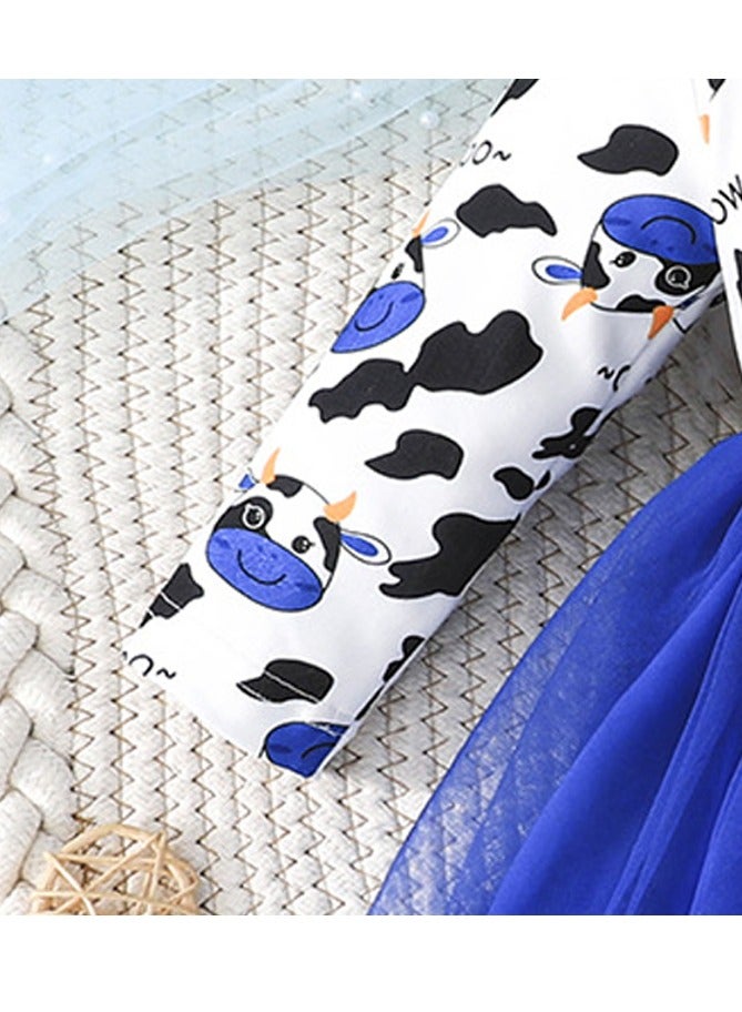 Baby Girl Birthday Party Dress, 2-3 Years, Cartoon Cow Print Top with Blue Tulle Skirt and Big Bow, Special Occasion and Casual Toddler Outfit, Cute Long Sleeve Dress for 90cm Height - Image 5