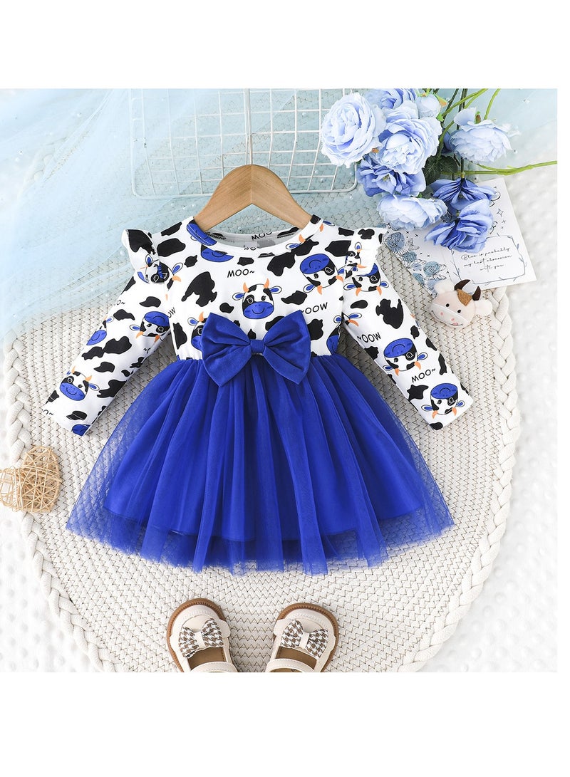 Baby Girl Birthday Party Dress, 2-3 Years, Cartoon Cow Print Top with Blue Tulle Skirt and Big Bow, Special Occasion and Casual Toddler Outfit, Cute Long Sleeve Dress for 90cm Height - Image 1