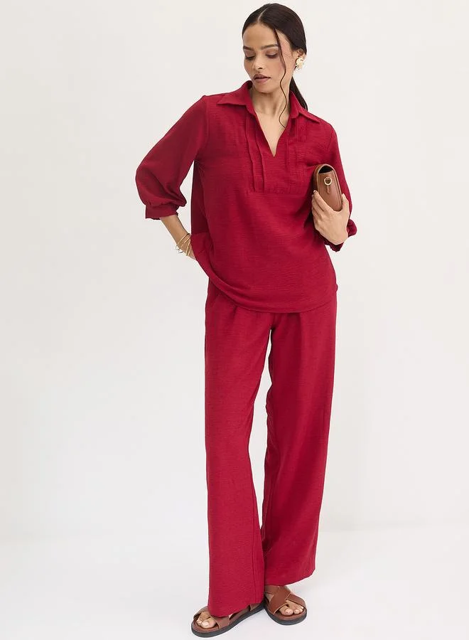Femmella Femmella Maroon Collared Pintuck Detail Shirt and Pants Co-Ords