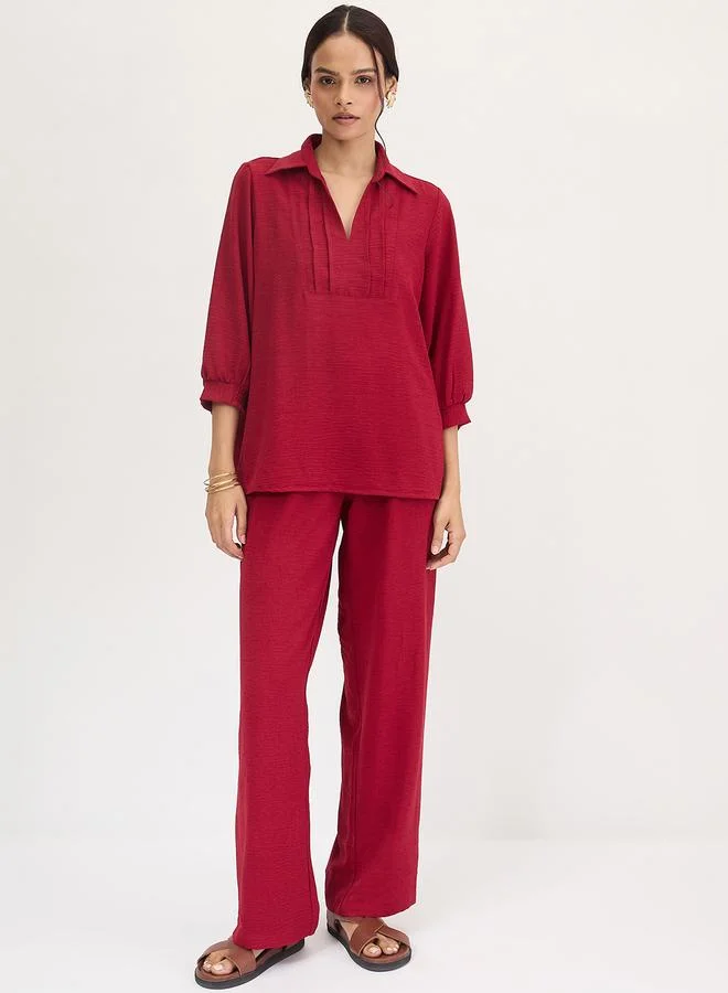 Femmella Maroon Collared Pintuck Detail Shirt and Pants Co-Ords