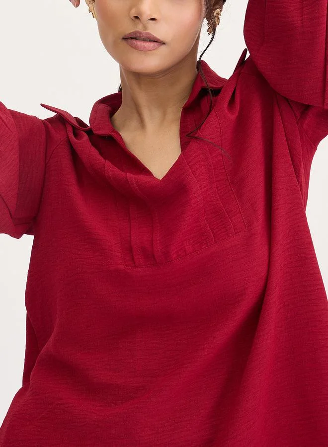 Femmella Femmella Maroon Collared Pintuck Detail Shirt and Pants Co-Ords