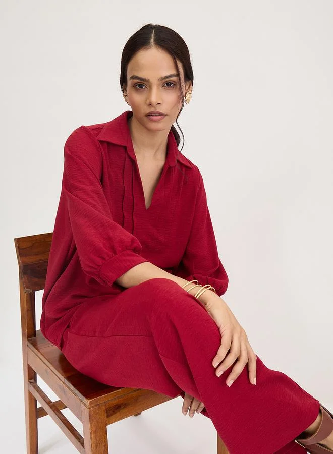 Femmella Femmella Maroon Collared Pintuck Detail Shirt and Pants Co-Ords