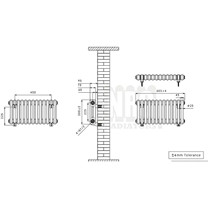 NRG TRADITIONAL RADIATOR ANTHRACITE CAST IRON 2 COLUMN HORIZONTAL CENTRAL HEATING BATHROOM RADIATORS 300X605MM - Image 3