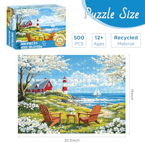 DAGIRT 500 Pieces Puzzles for Adults Relaxing Coastal Lighthouse Jigsaw Puzzles Premium Seaside Scenic Landscape Wall Art for Home Decor Challenging Gift for Women Men 205x15 in - Image 5