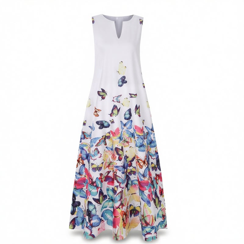 Women's Ink Butterfly Print V-Neck Sleeveless Dress with Pockets - Image 2