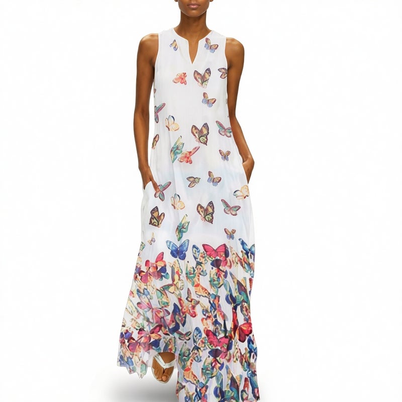 Women's Ink Butterfly Print V-Neck Sleeveless Dress with Pockets - Image 1