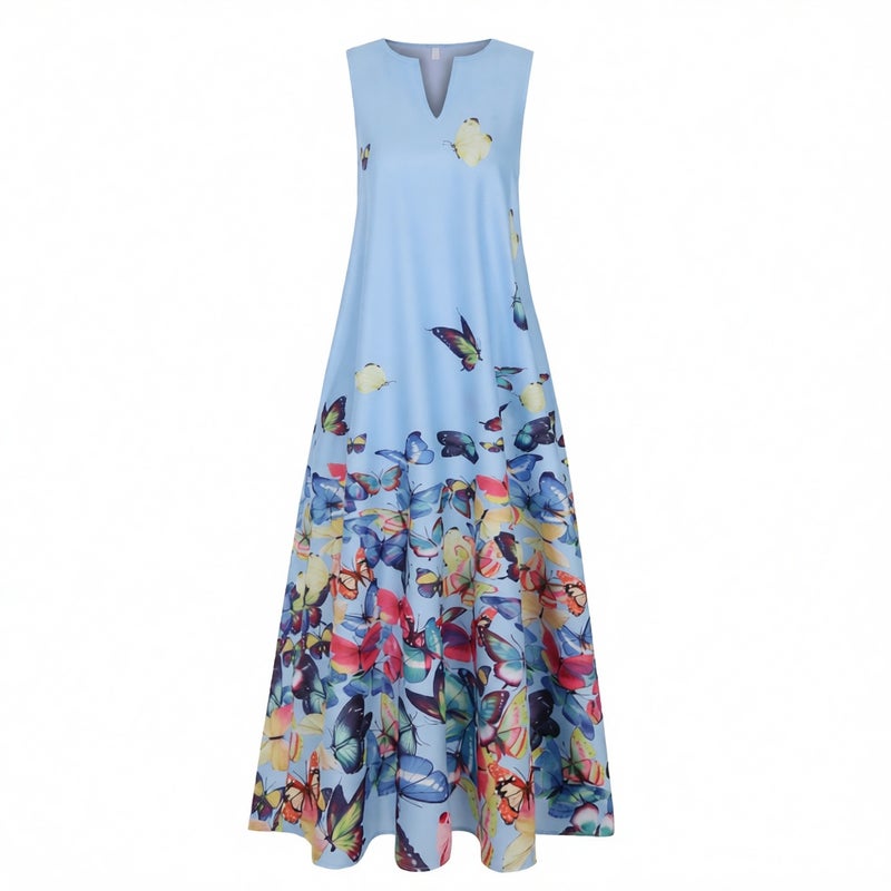 Women's Ink Butterfly Print V-Neck Sleeveless Dress with Pockets - Image 3