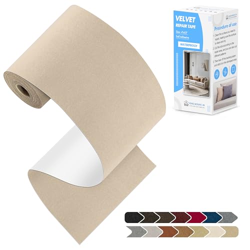 KING MOUNTAIN Couch Fabric Repair Patch, Fabric Patches for Furniture, 4" x 63" Waterproof Velvet Repair Tape for Sofas, Car Seats, Furniture, Upholstery Fabrics and Velvet Goods. （Beige） - Image 1