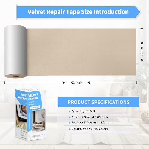 KING MOUNTAIN Couch Fabric Repair Patch, Fabric Patches for Furniture, 4" x 63" Waterproof Velvet Repair Tape for Sofas, Car Seats, Furniture, Upholstery Fabrics and Velvet Goods. （Beige） - Image 4