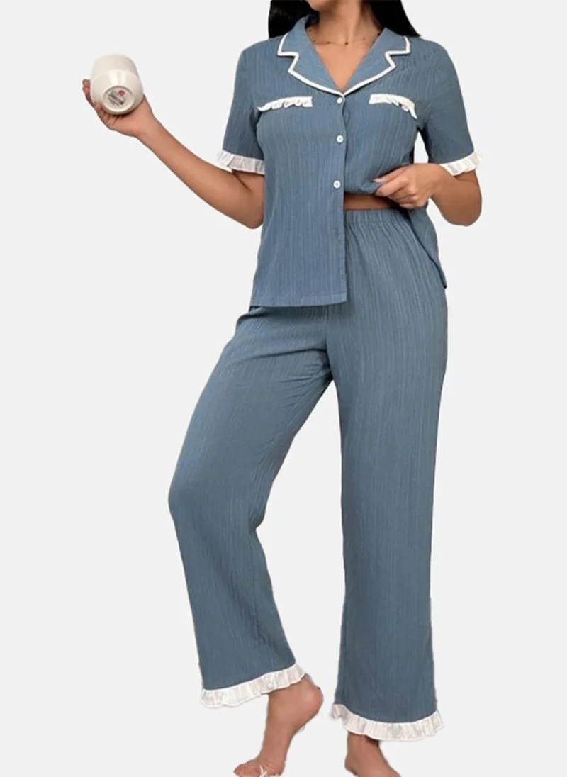 YUNIQEE Blue Solid Pyjamas & Shirt