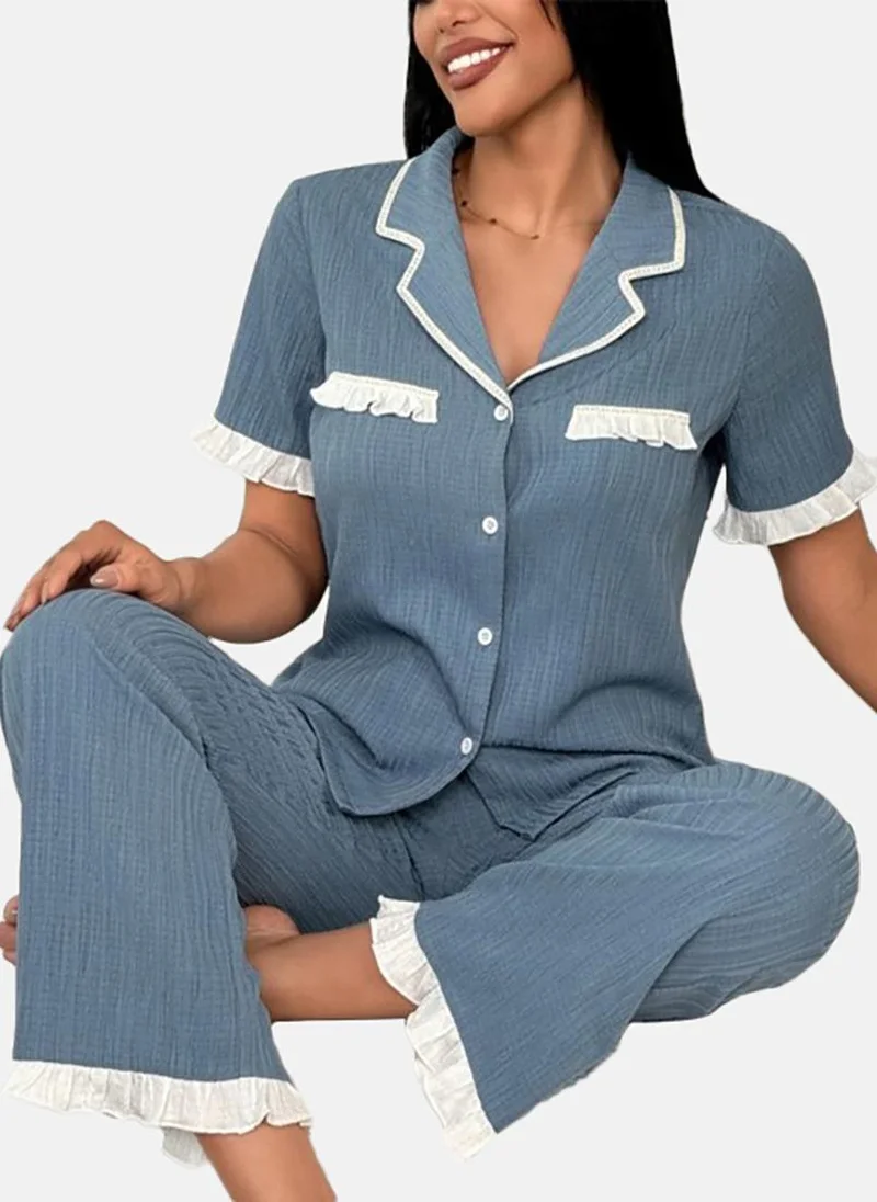 YUNIQEE Blue Solid Pyjamas & Shirt