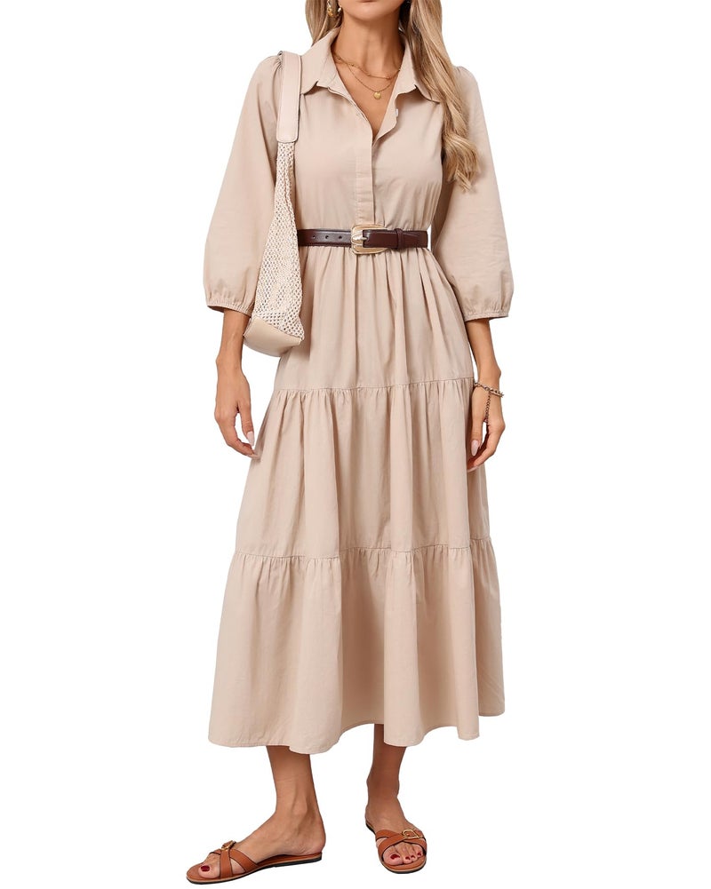 YEXPINE Women Flowy Maxi Shirt Dress Casual Button Down V Neck Ruffled Beach Long Dresses with Pockets Khaki - Image 1