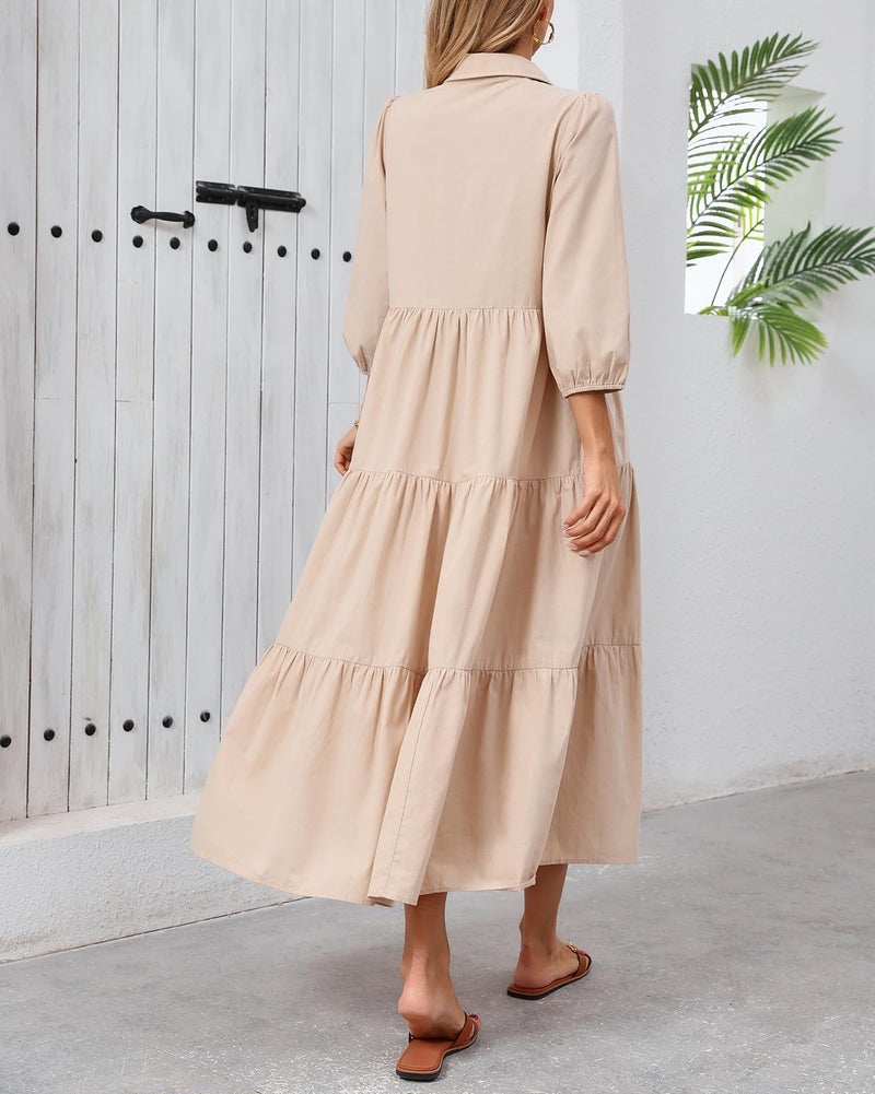 YEXPINE Women Flowy Maxi Shirt Dress Casual Button Down V Neck Ruffled Beach Long Dresses with Pockets Khaki - Image 4