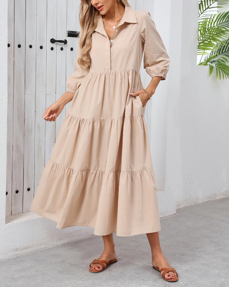 YEXPINE Women Flowy Maxi Shirt Dress Casual Button Down V Neck Ruffled Beach Long Dresses with Pockets Khaki - Image 3
