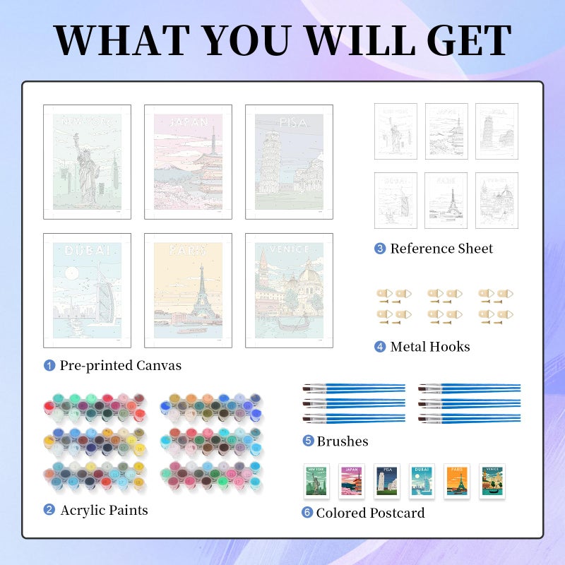 Okarina 6 Pack Paint by Numbers Kit for Adults Beginner, City Landscape Adult Paint by Number Kits on Canvas, City Travel DIY Acrylic Oil Painting by Numbers Kits, Perfect for Home Decor 10x14 Inch - Image 5